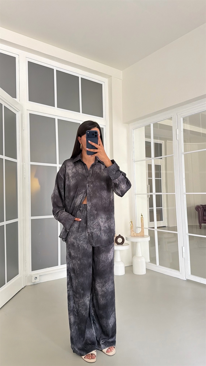Füme Gömlek Beli Lastikli Pantolon İkili Desenli Saten Takım GAUS-01754
