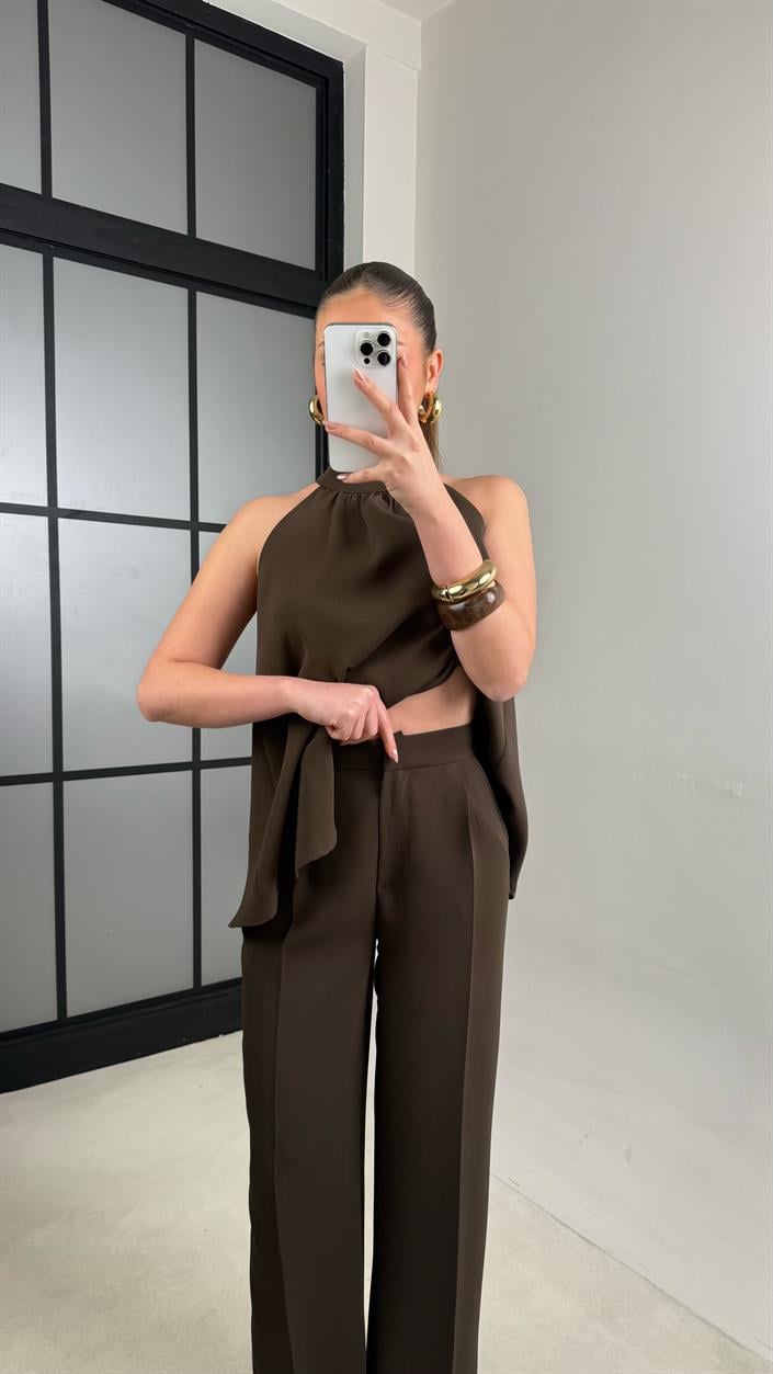 Acı Kahve Sıfır Kol Bluz Beli Lastikli Pantolon İkili Premium Takım GAUS-00984