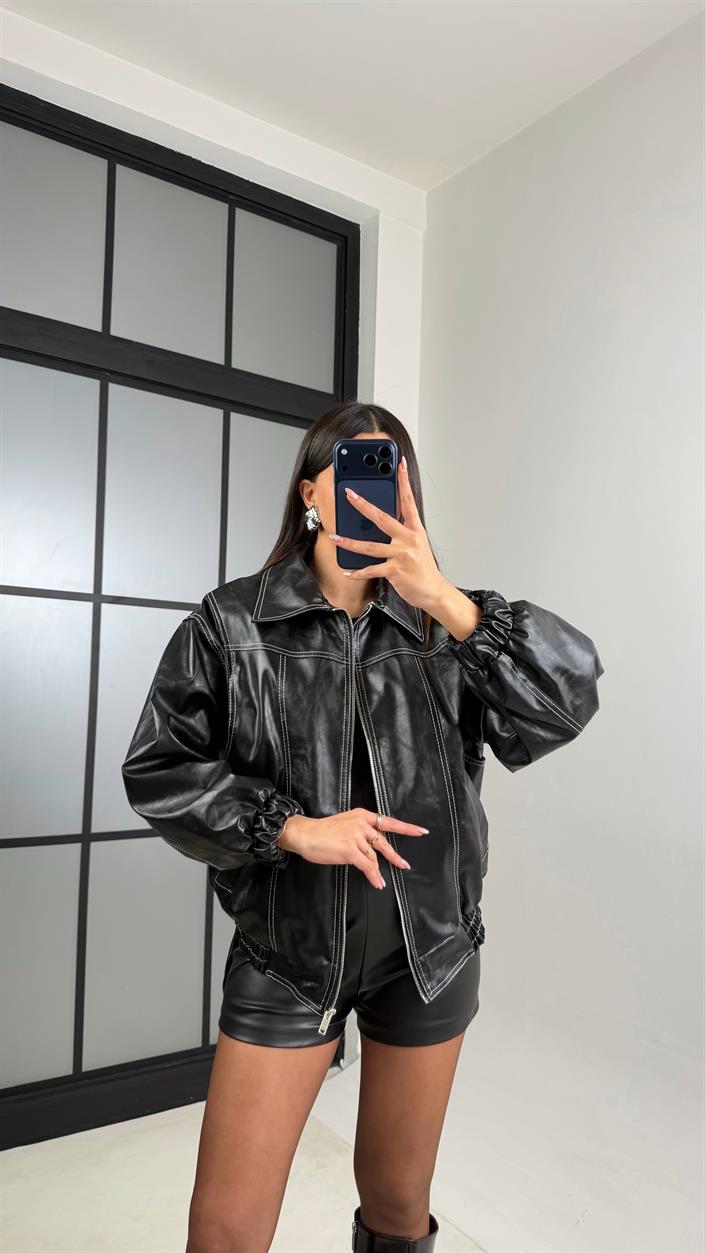 Siyah Dikiş Detaylı Astarlı Deri Ceket GAUS-00908