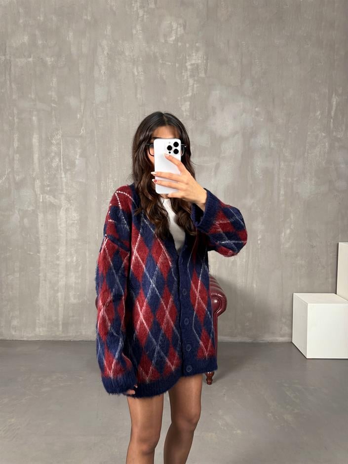 Metu Bordo Lacivert Baklava Desenli Sakallı Hırka