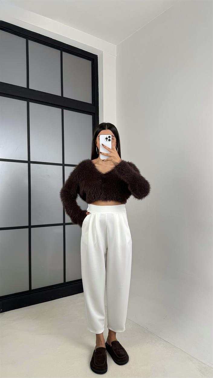 Beyaz Beli Lastikli Modal Kumaş Şalvar Pantolon GAUS-00210