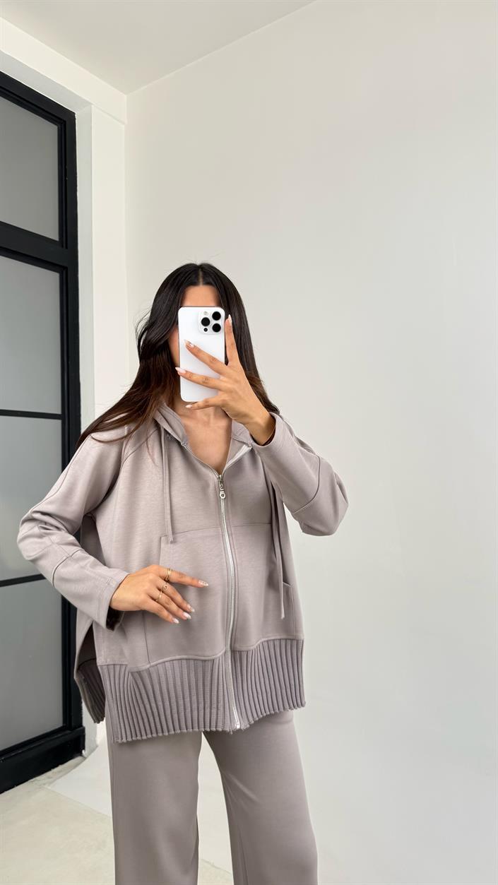 Vizon Kapüşonlu Hırka Beli Lastikli Pantolon İkili Premium Takım GAUS-0075