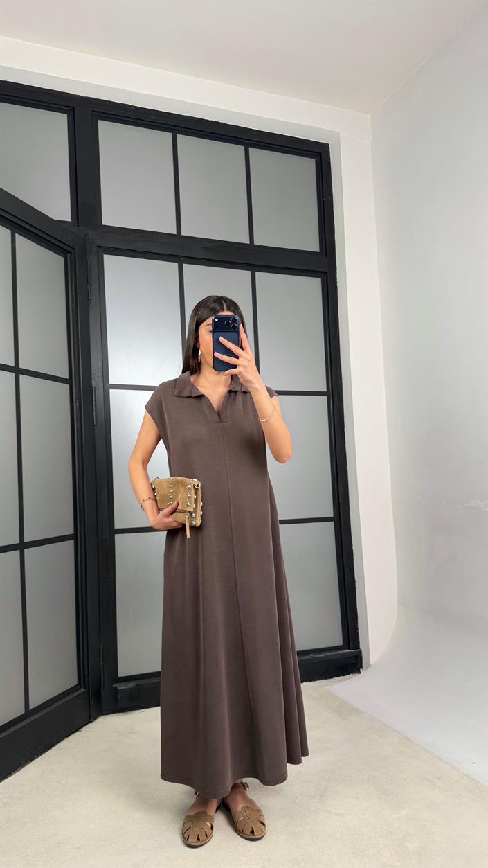 Kahve MD Muadil Polo Yaka Cepli Basic Elbise GAUS-01330