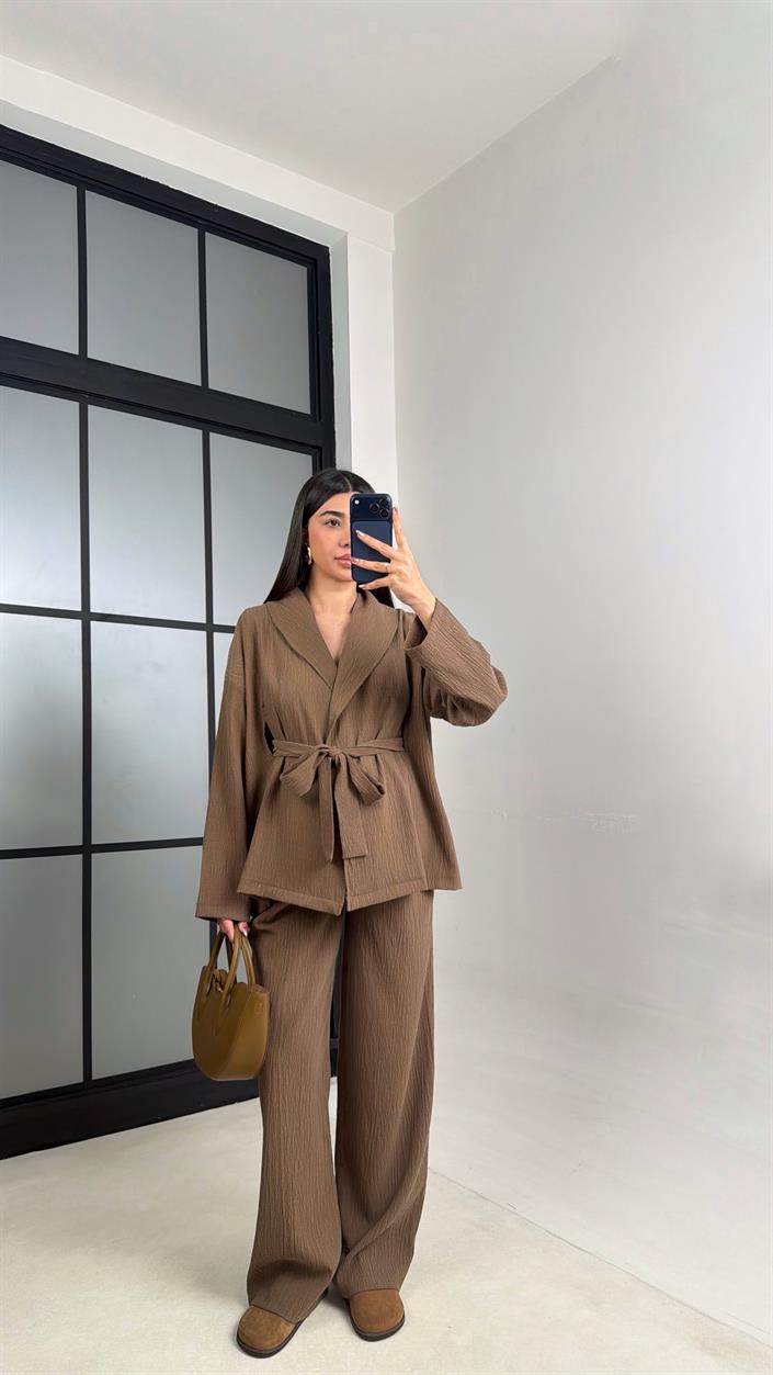 Kahve Kimono Beli Lastikli Pantolon İkili Muadil Takım GAUS-01113