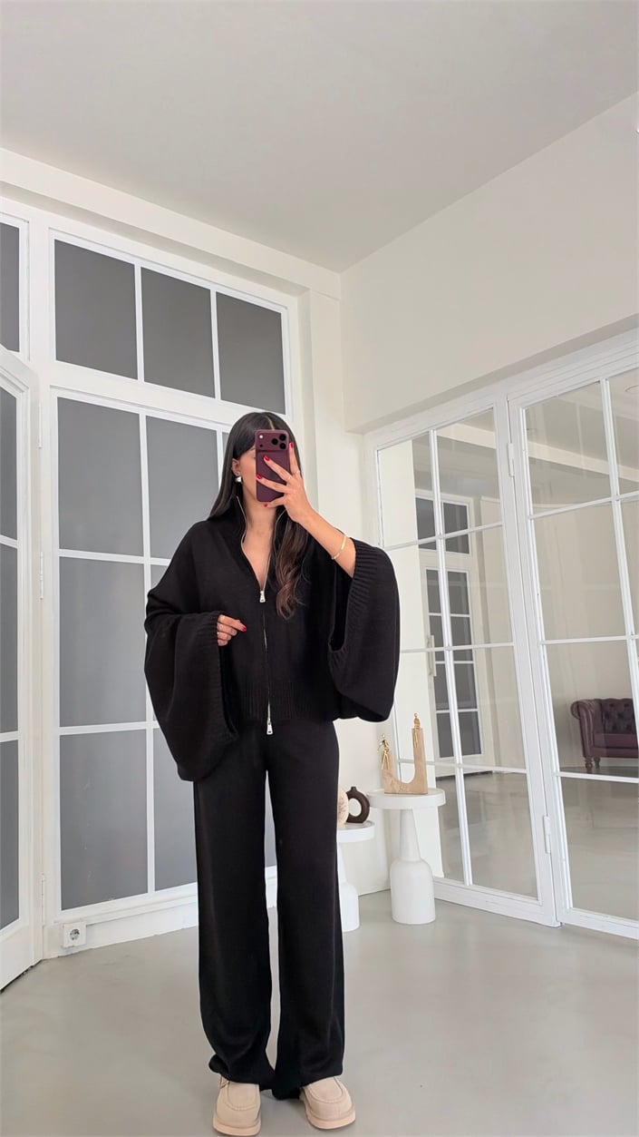 Siyah Yarasa Kol Hırka Beli Lastikli Pantolon İkili Triko Takım GAUS-02238