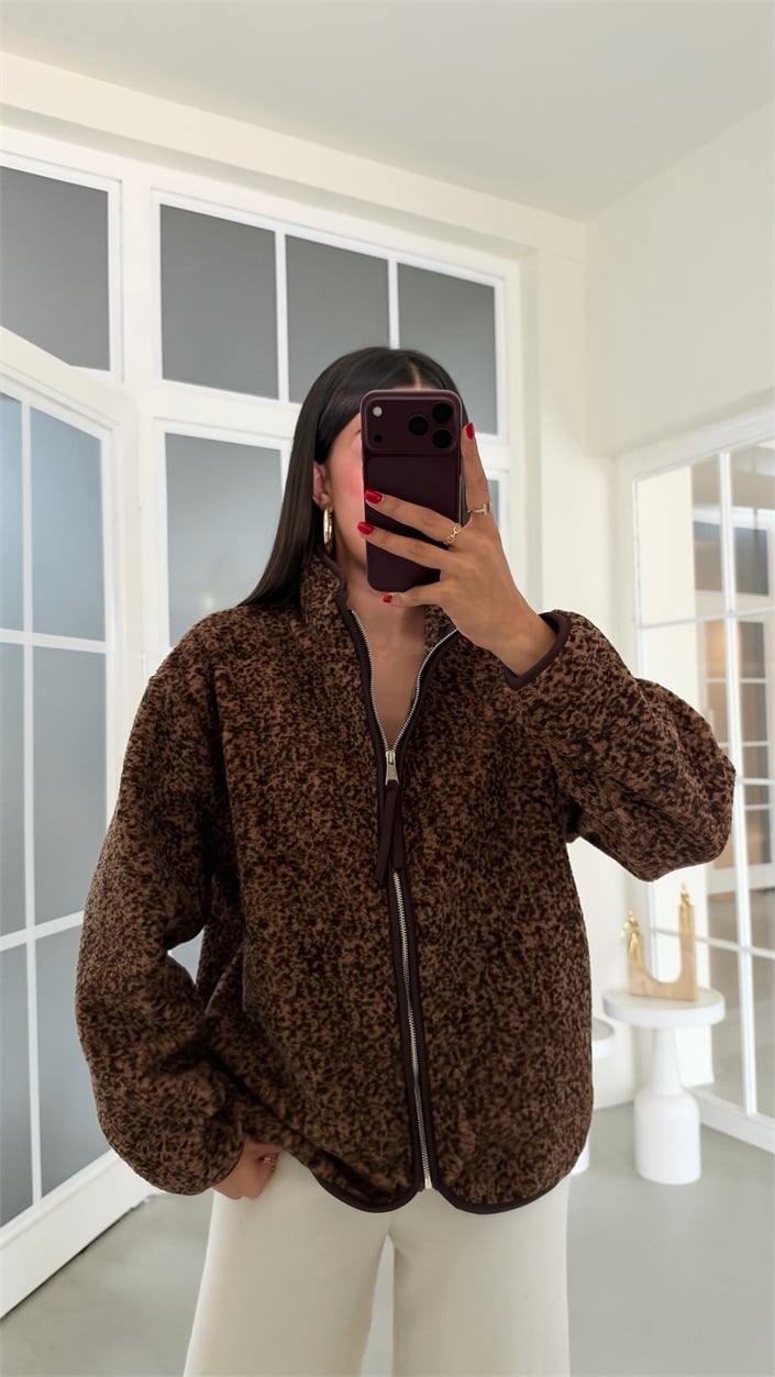 Kahve Desenli Fermuarlı Cepli Polar Sweatshirt GAUS-01916 GAUS-02292