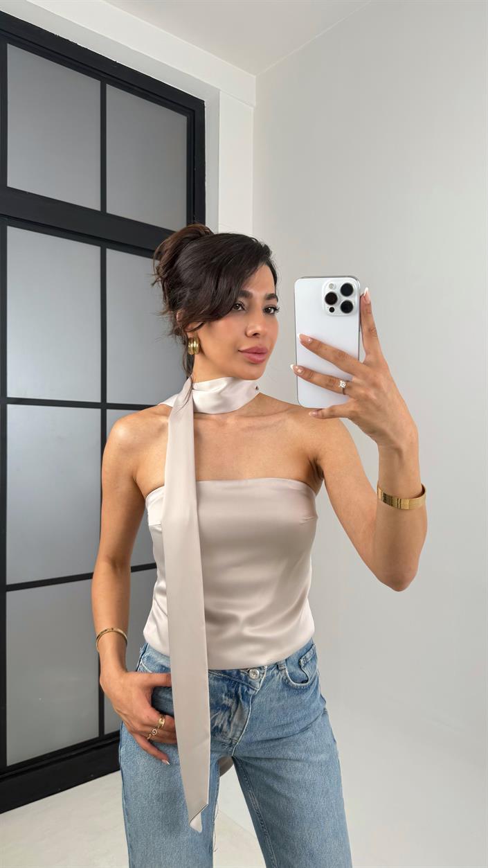 Vizon Boyun Bağlama Detaylı Saten Bluz Gaus00635 