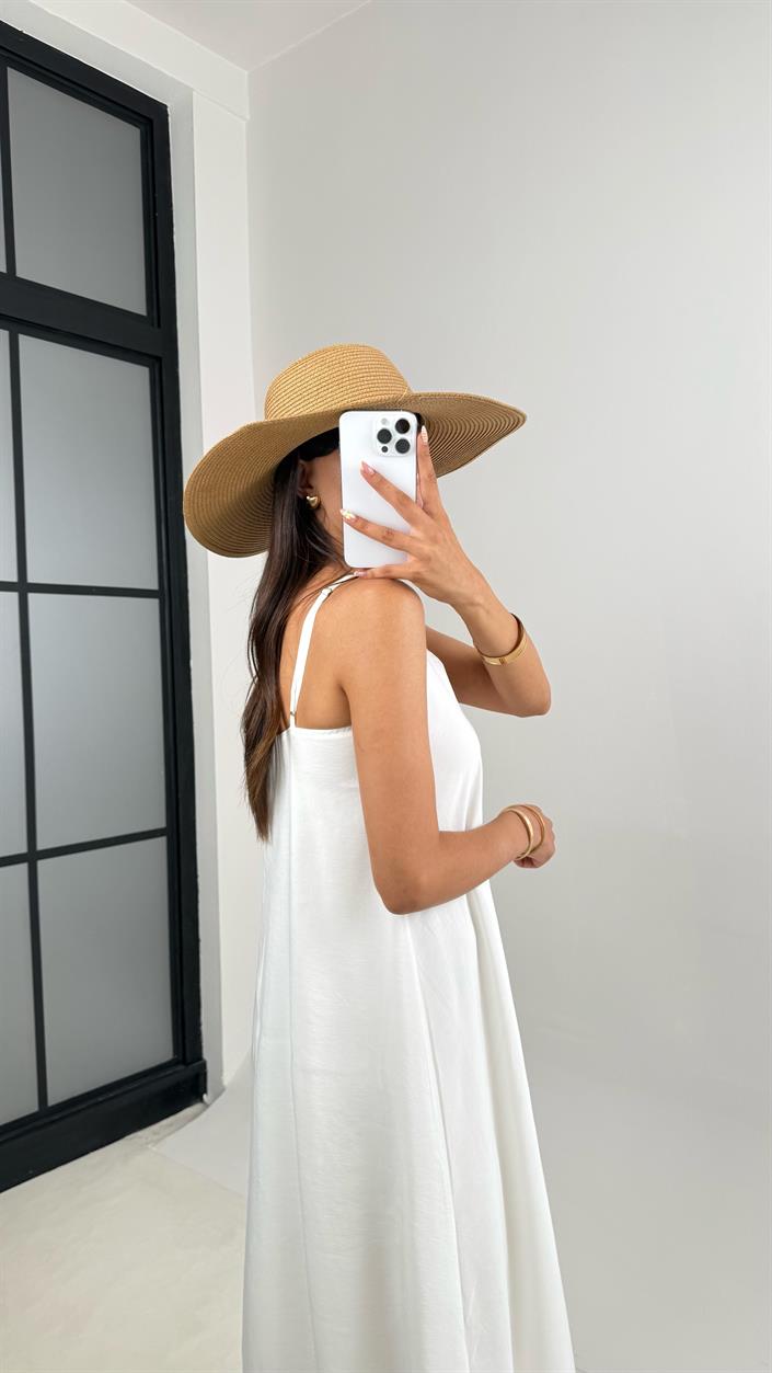 Beyaz Ayarlanabilir Askılı Astarlı Tencel Elbise Gaus00690