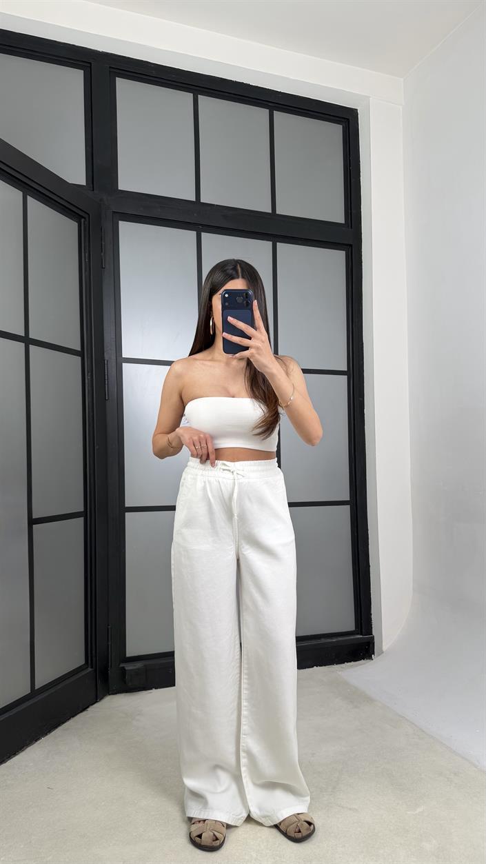 Beyaz Gömlek Beli Kuşaklı Pantolon İkili Tencel Denim Takım GAUS-01471