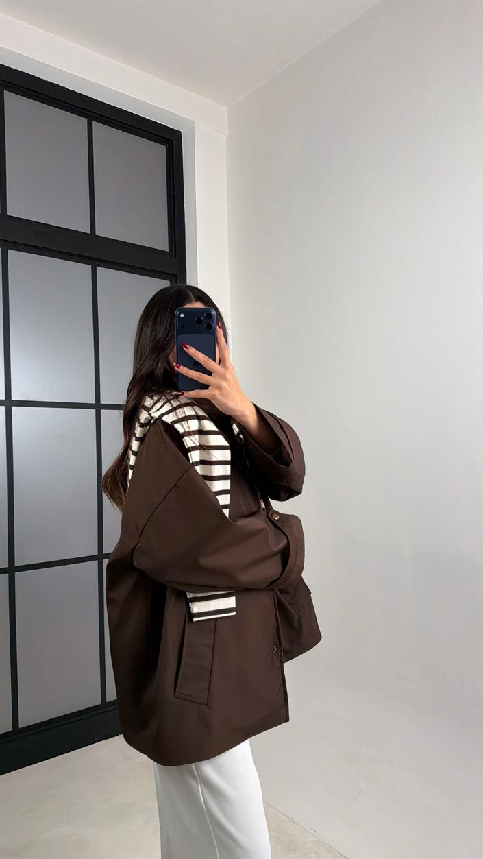 Acı Kahve Çıtçıt Düğmeli Astarlı Oversize Premium Ceket GAUS-00794