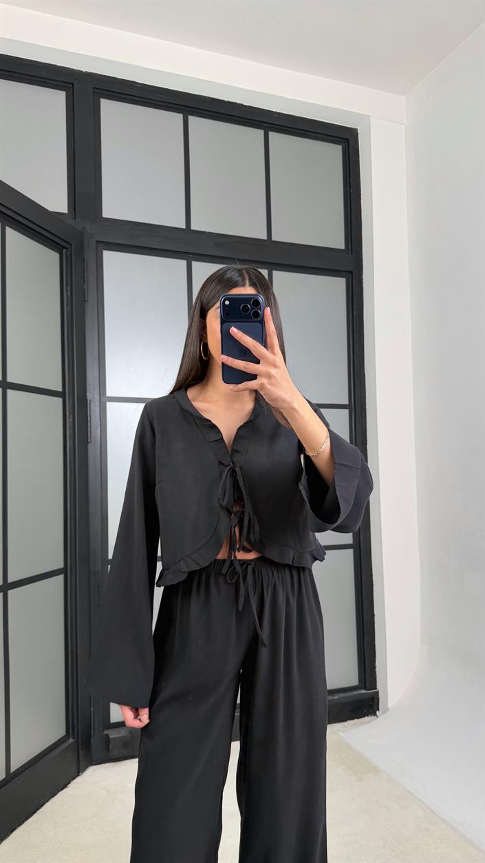 Siyah Önden Bağlamalı Gömlek Beli Lastikli Pantolon İkili Tencel Takım GAUS-01336