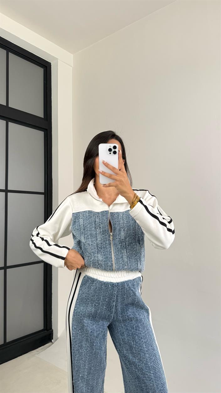 Beyaz Şeritli Denim Detaylı Ceket Beli Lastikli Pantolon İkili Takım GAUS-00113