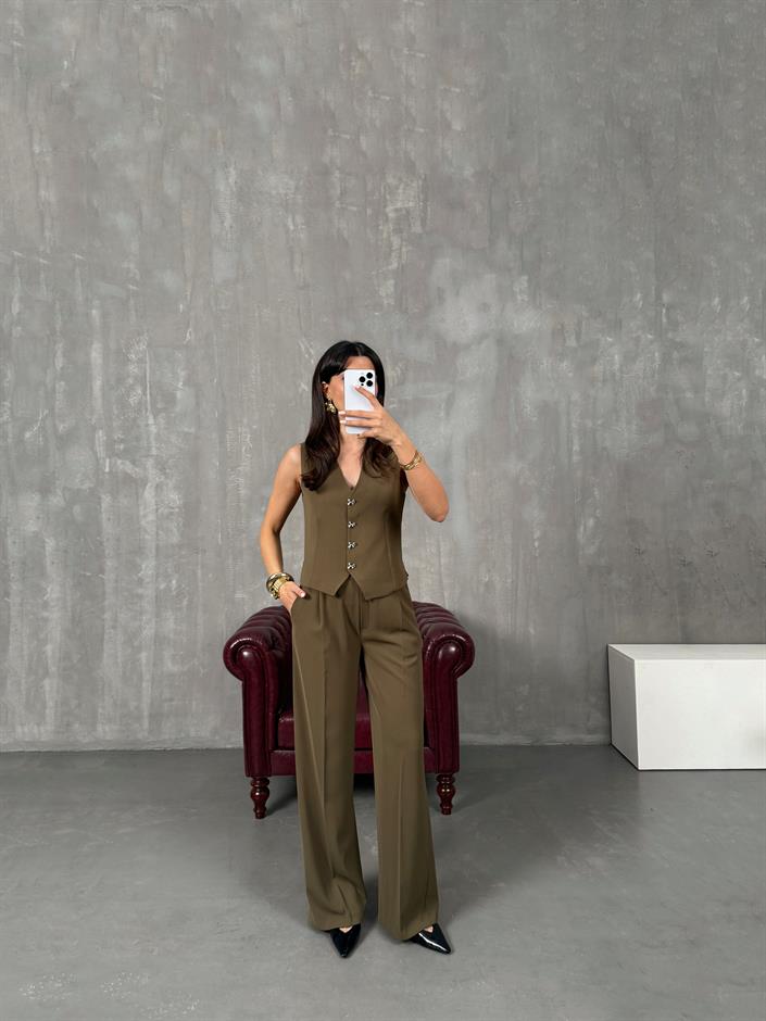 Diana Haki Fiyonk Düğmeli Astarlı Yelek Pantolon İkili Premium Takım