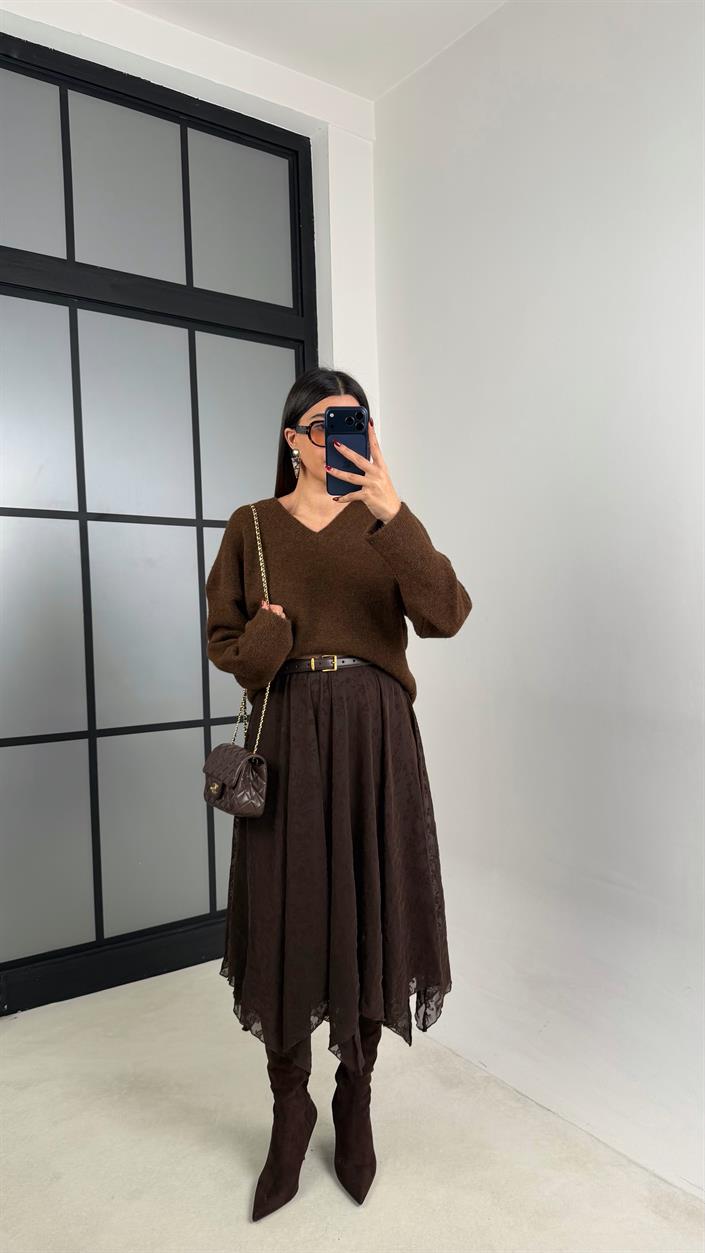 Kahve Çiçek İşlemeli Astarlı Tül Etek GAUS-00757