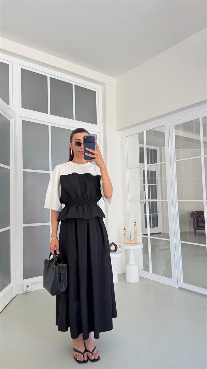 Siyah TWST Model Beli Lastikli Bluz Etek İkili Takım GAUS-01768
