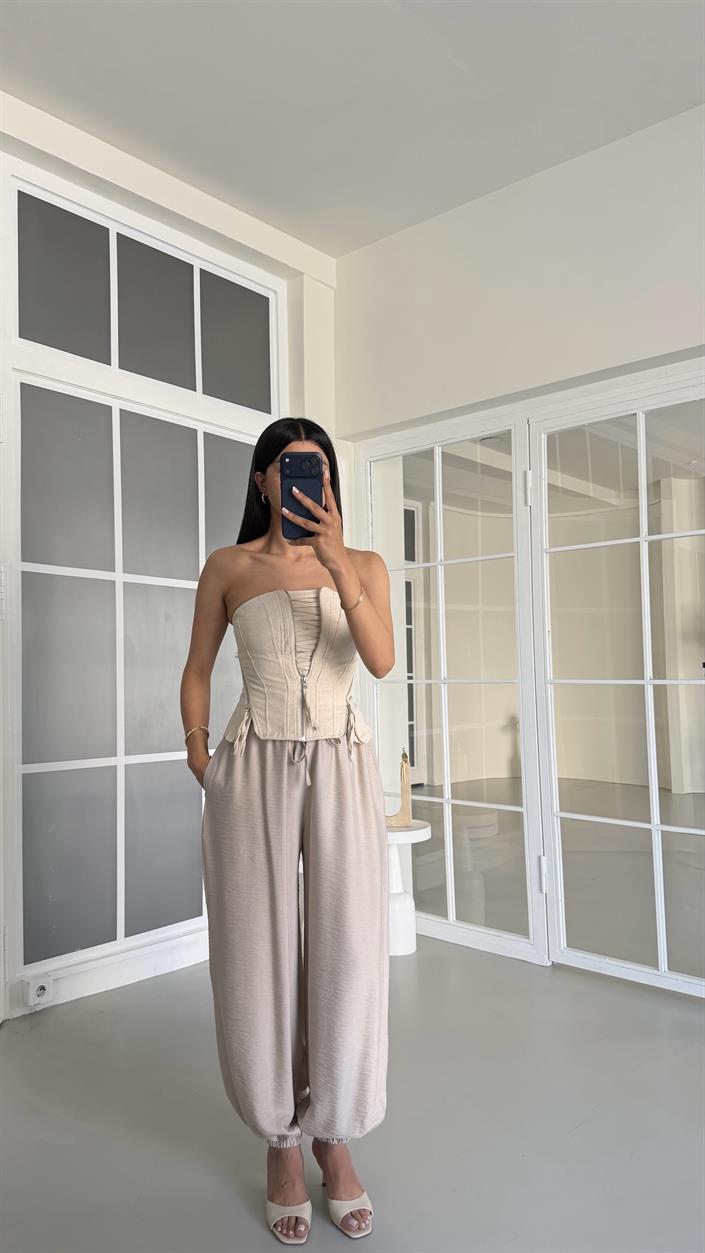 Taş Beli Lastikli Keten Şalvar Pantolon GAUS-01518