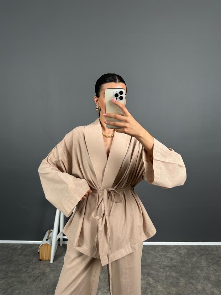 Guta Sütlü Kahve Keten Karışımlı Yarım Astarlı Pantolon Kimono İkili Takım