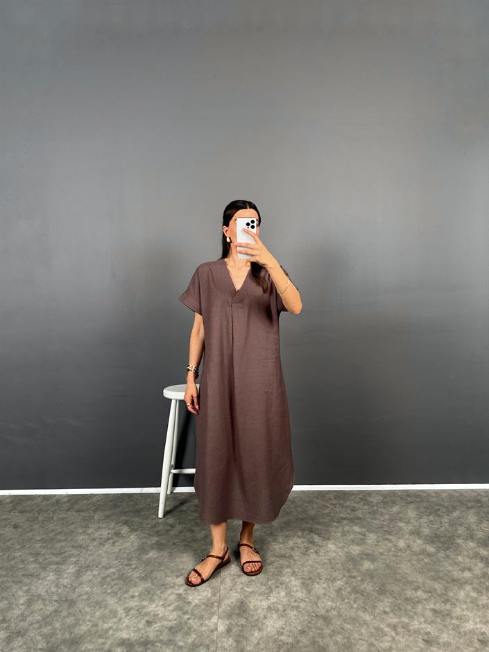 Anita Kahve V Yaka Premium Midi Keten Elbise