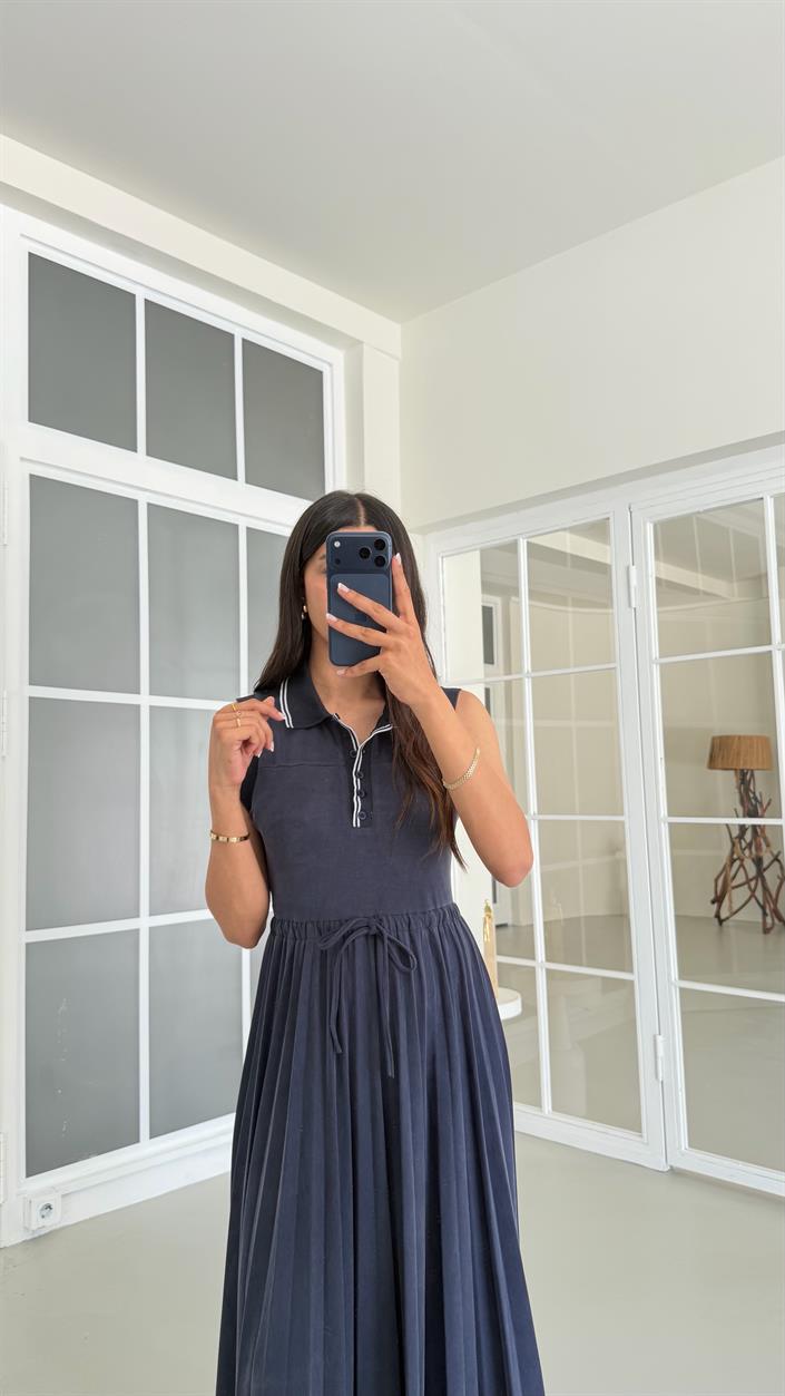 Lacivert Polo Yaka Muadil Beli Lastikli Pileli Elbise GAUS-01669