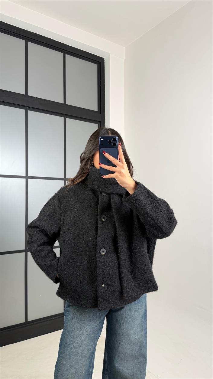 Siyah ZR Muadil Astarlı Atkı Detaylı Kırçıllı Ceket GAUS-00718