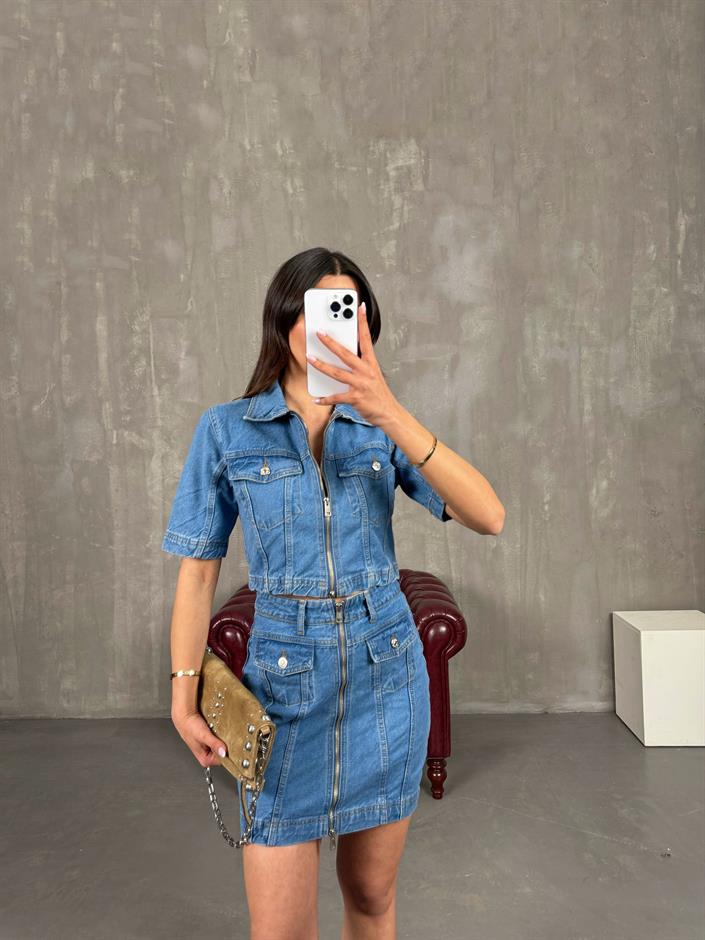 Mavi Cepli Önü Fermuarlı Denim Etekli Takım Gaus00259