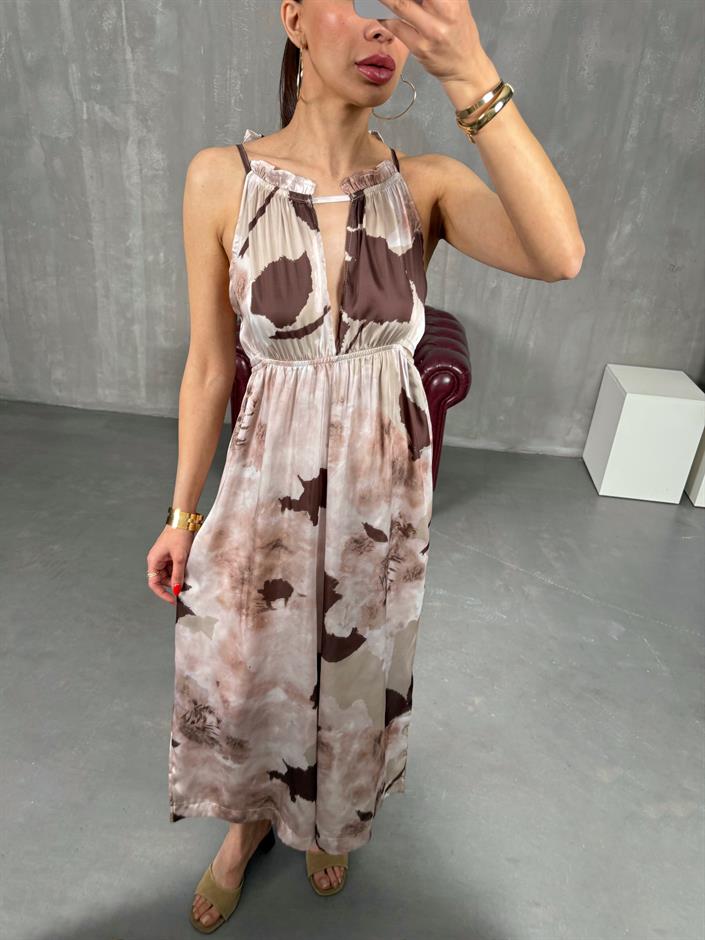 Kahve Desenli Sırt Dekolteli Beli Lastikli Saten Tulum Gaus00209