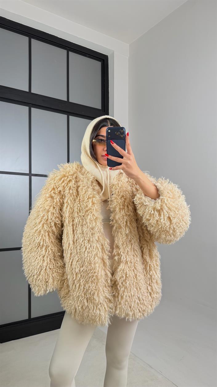 Bej Saçaklı Astarlı Premium Kürk GAUS-00931