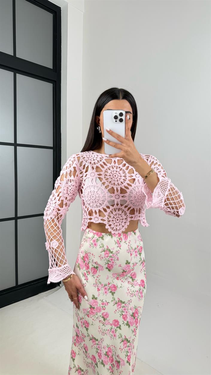 Pembe Örme Ajurlu Triko Bluz Gaus00414