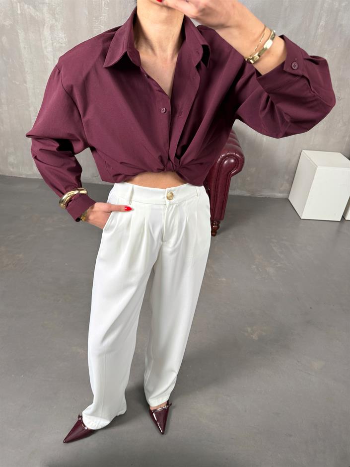 Sagura Beyaz Beli Lastikli Cepli Premium Pantolon