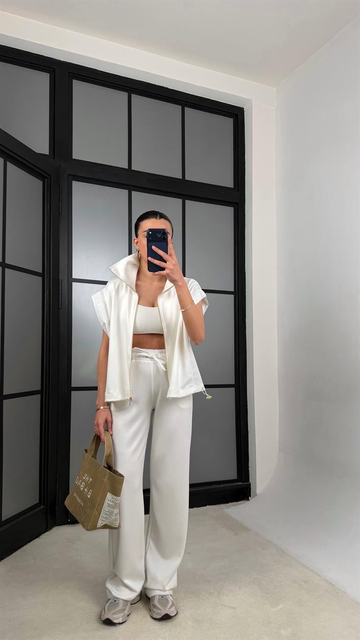 Beyaz Paraşüt Kumaş Detaylı Yelek Pantolon İkili Modal Kumaş Takım GAUS-01369
