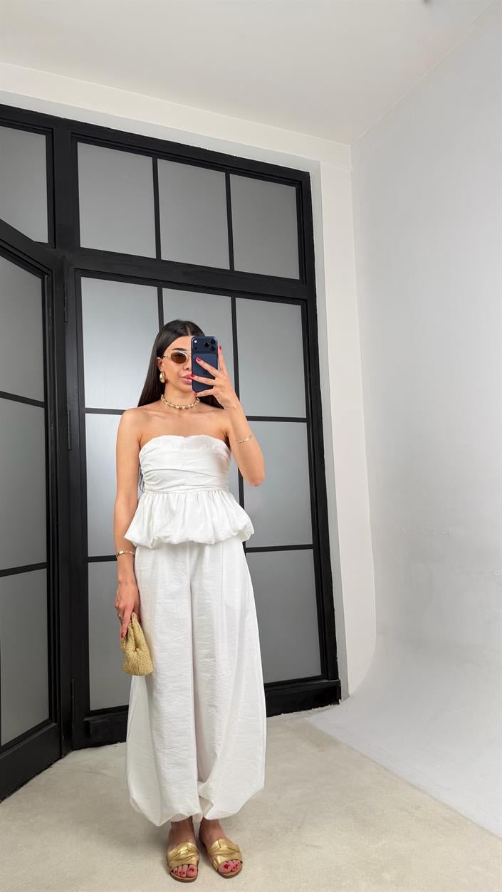 Beyaz Balon Bluz Beli Lastikli Şalvar Pantolon İkili Premium Takım GAUS-01569
