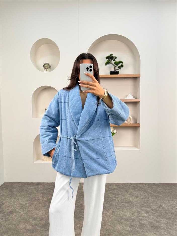 Rozi Mavi Astarlı Yandan Bağlamalı Denim Mont