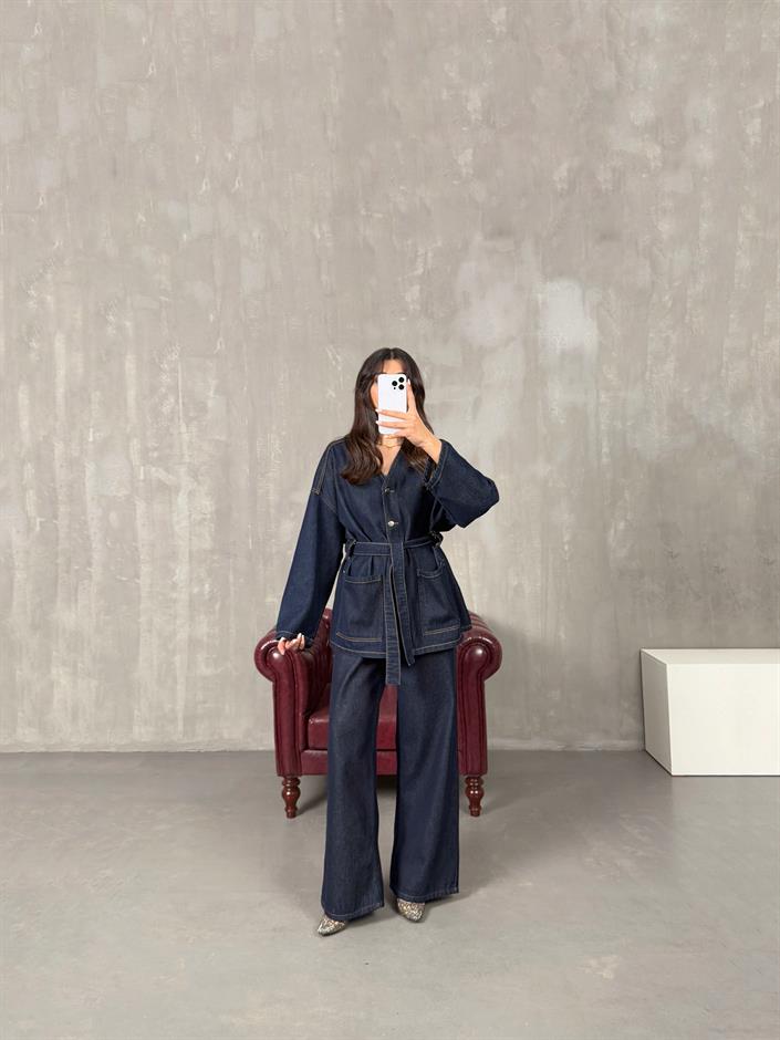 Adela Koyu Mavi  Kuşak Bağlamalı Premium Tasarım Denim Takım