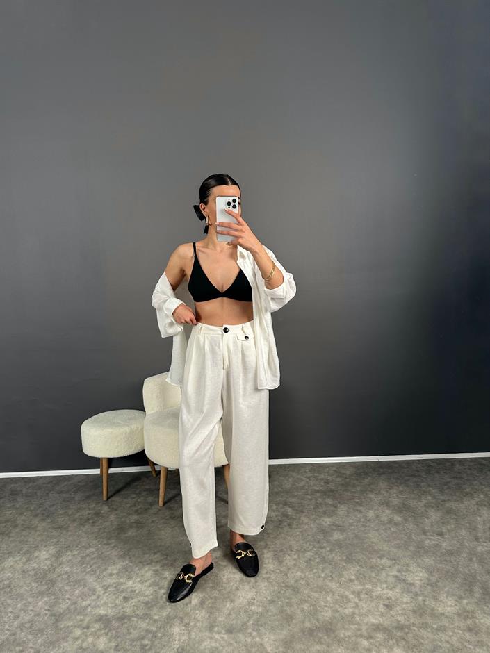 Premium Beyaz Keten Düğme Detaylı Pantolon 