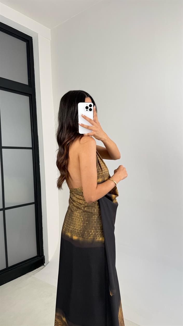 Çok Renkli Halter Yaka Desenli Tasarım Elbise GAUS-0083