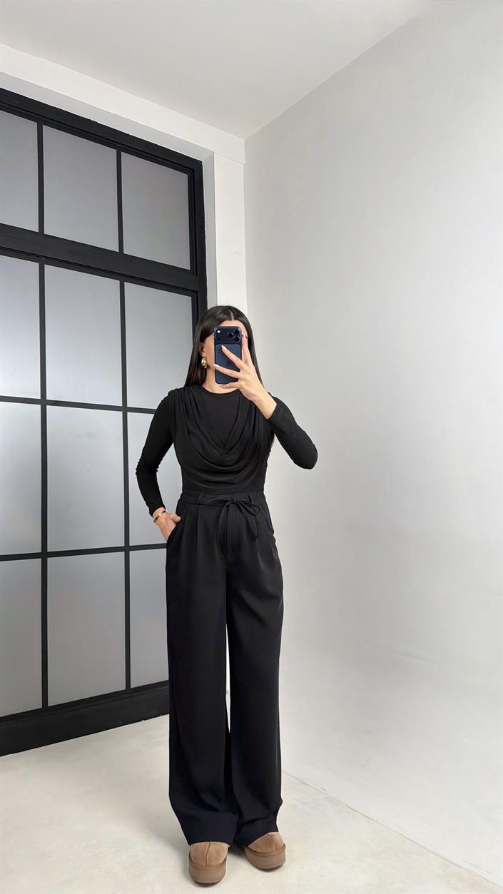 Siyah Beli Lastikli Kuşaklı İthal Kumaş Pantolon GAUS-00869