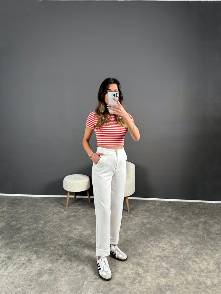 Venüs Beyaz Paça Katlamalı  Pantolon 