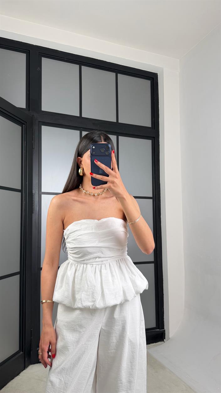 Beyaz Balon Bluz Beli Lastikli Şalvar Pantolon İkili Premium Takım GAUS-01569