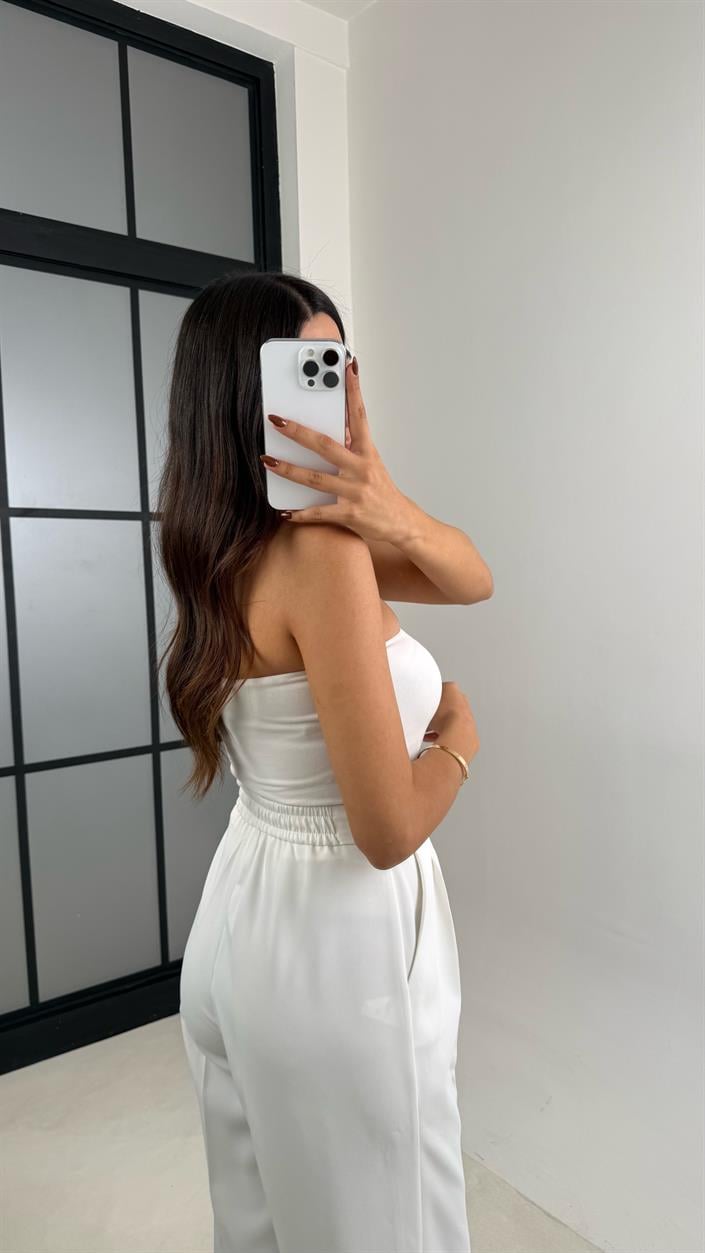 Beyaz Gold Düğmeli Beli Lastikli Premium Pantolon GAUS-00141