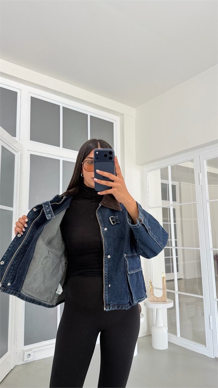 Koyu Mavi Kadife Yakalı Cepli Denim Ceket GAUS-02118