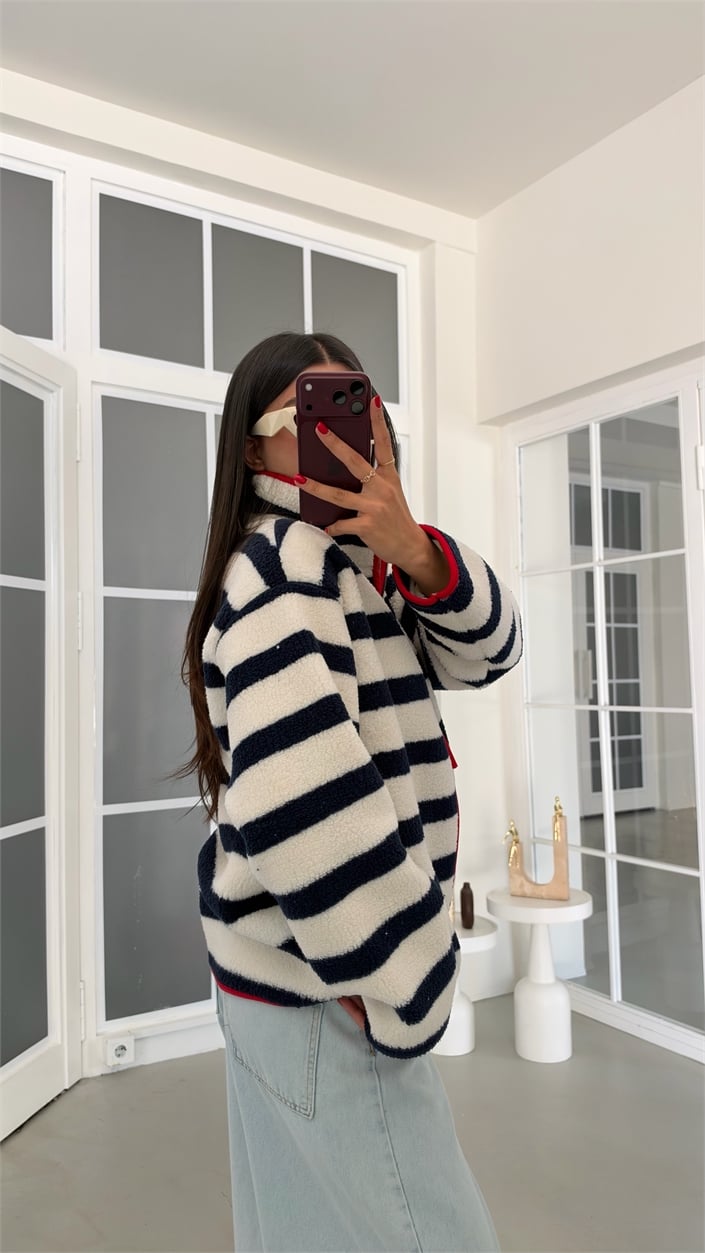 Lacivert Çizgili Kırmızı Şeritli Polar Sweatshirt GAUS-02288 GAUS-01916