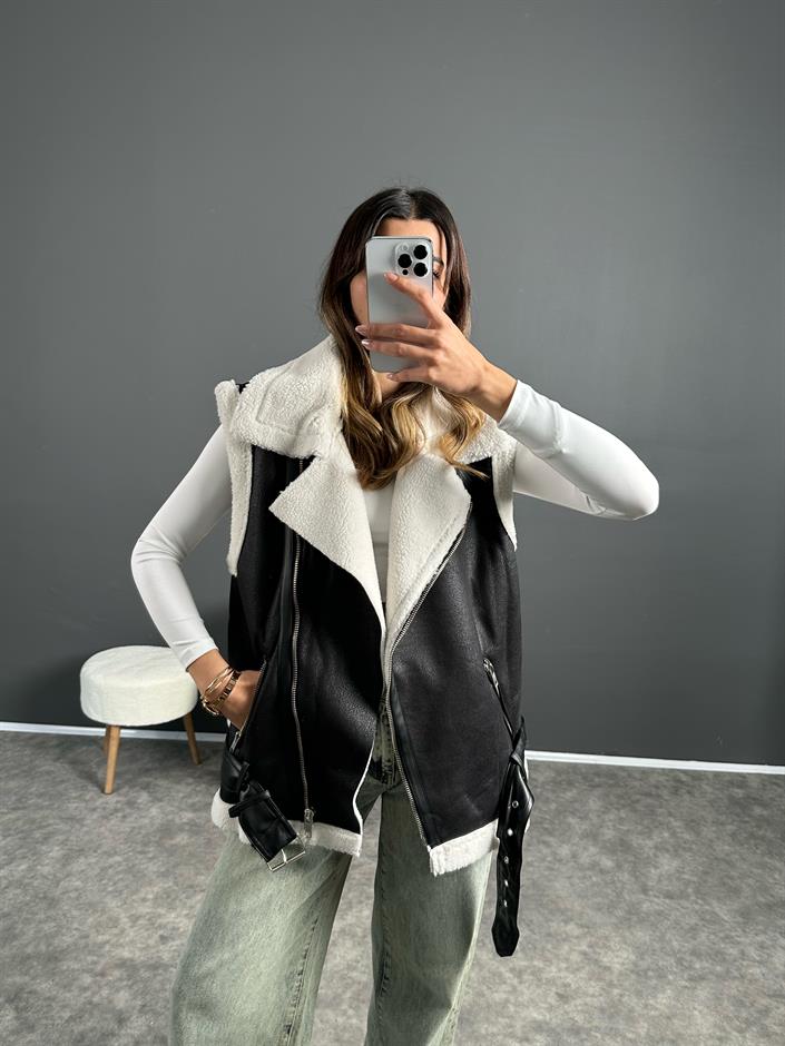 Siu Siyah İçi Beyaz Kürklü Yelek 