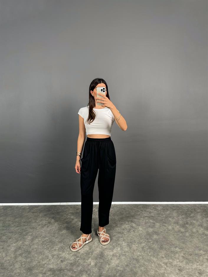 Pilea Beli Lastikli Önden Cepli Rahat Kumaş Siyah Şalvar Pantolon