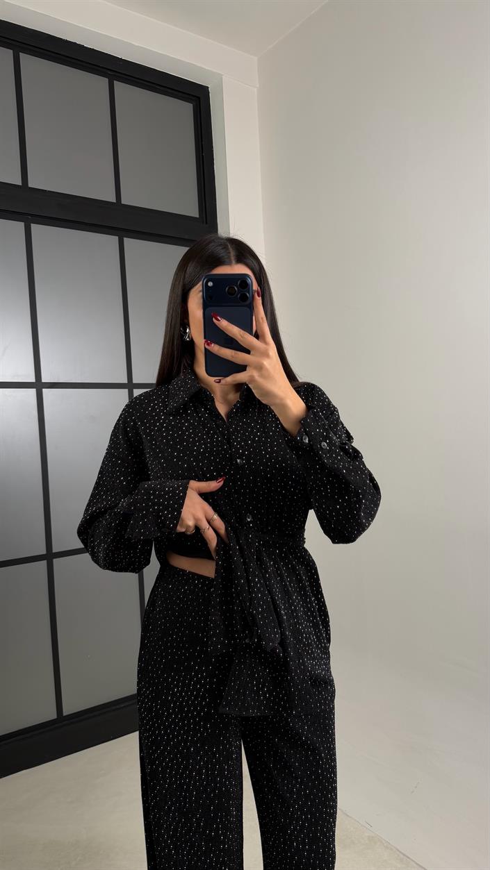 Siyah Taş Detaylı Kuşaklı Ceket Pantolon İkili Tasarım Takım GAUS-00764