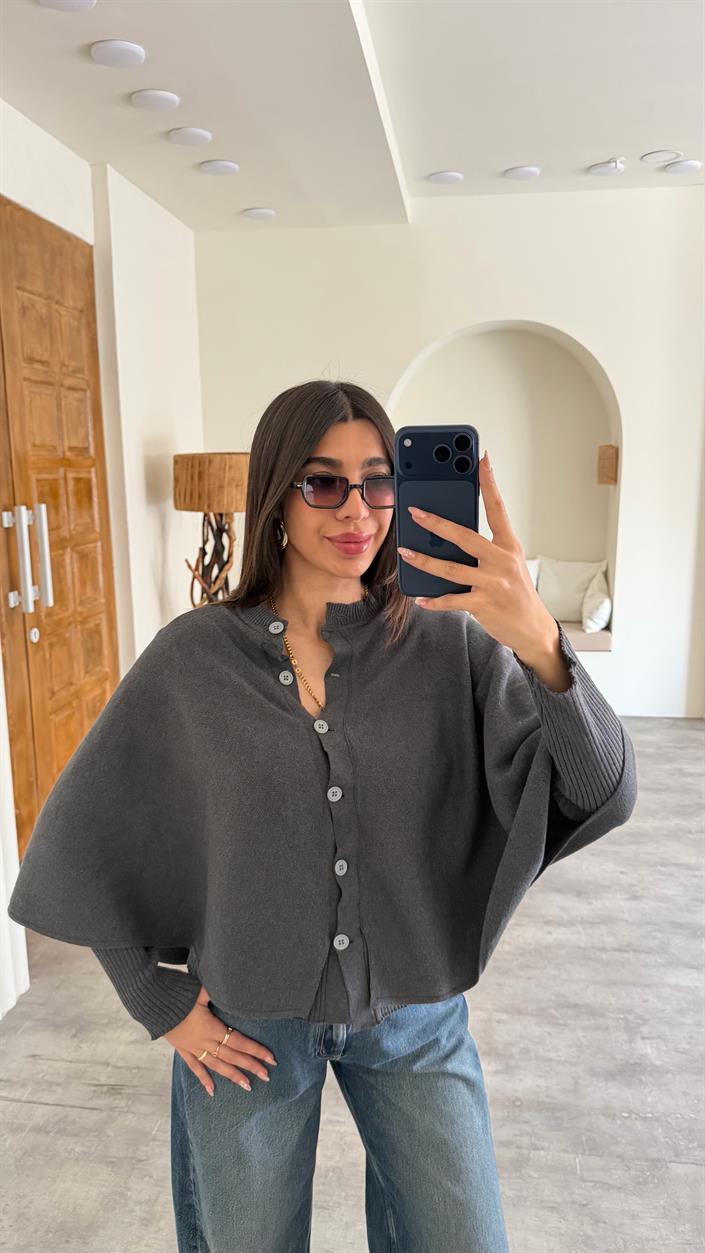 Antrasit Pelerin Detaylı Düğmeli Tasarım Triko Hırka GAUS-00852