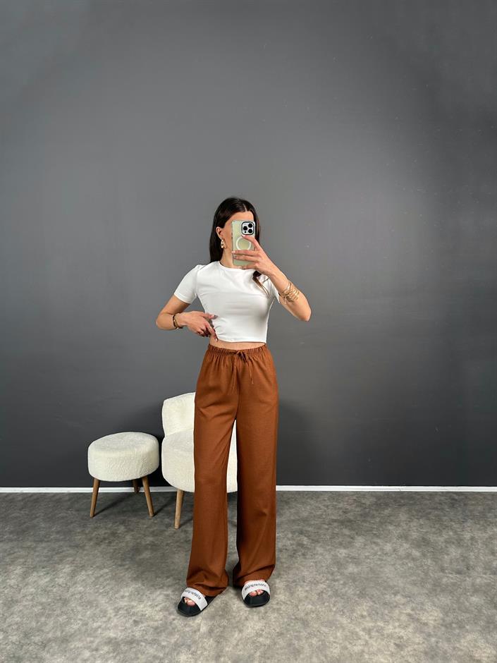 Nia Kahverengi Keten Beli Lastikli Pantolon