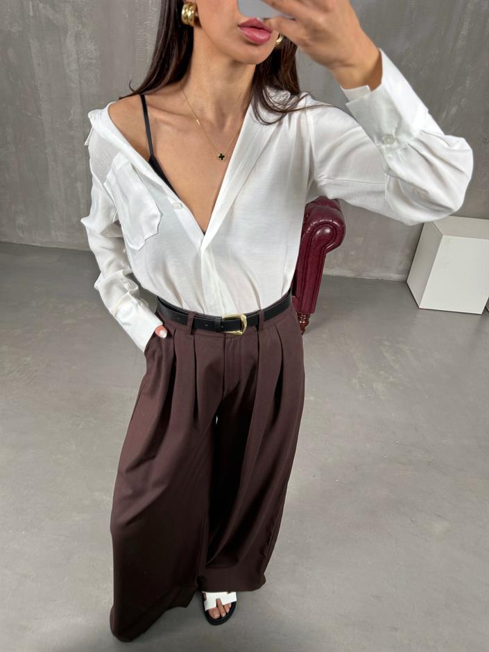 Acı Kahve Kemerli Bol Paça Pantolon Gaus00076
