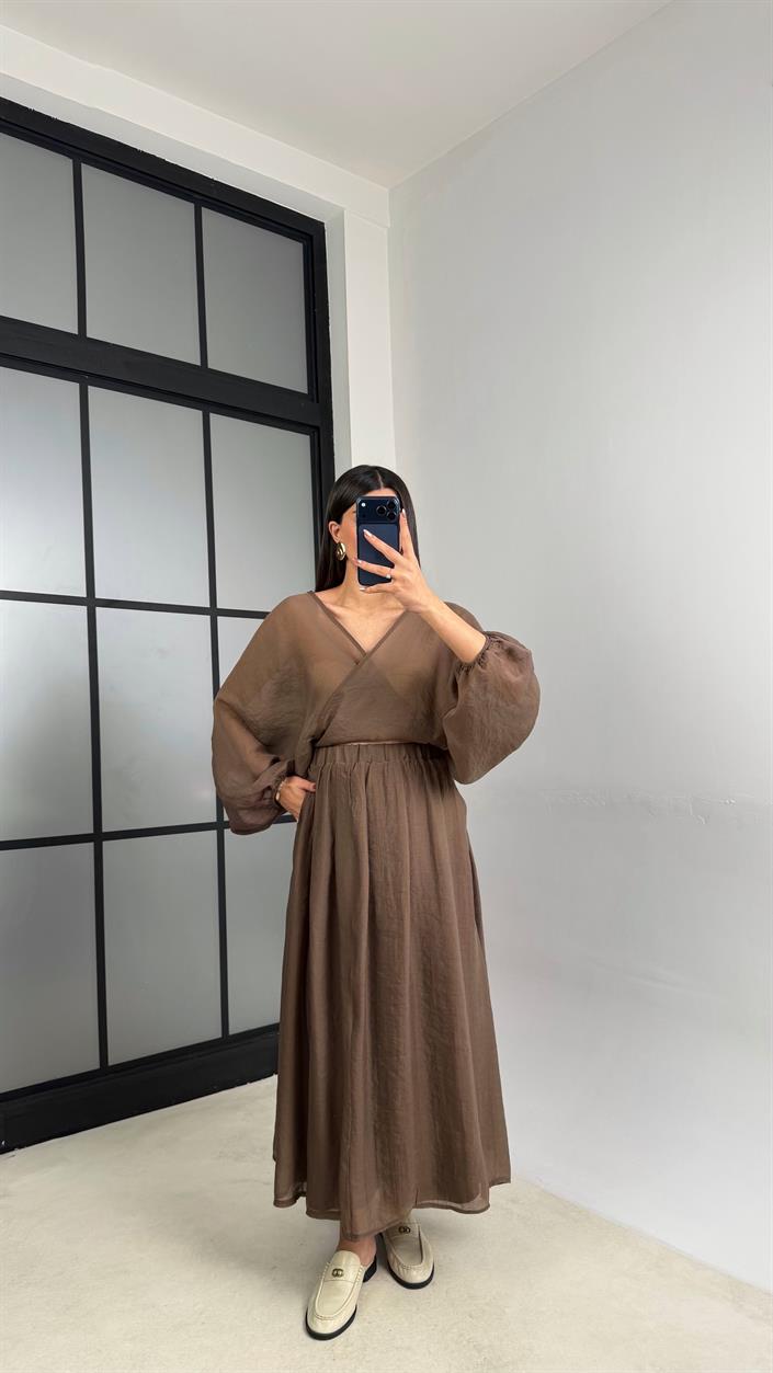 Kahve Transparan Üst Beli Lastikli Astarlı Etek Takım GAUS-01111