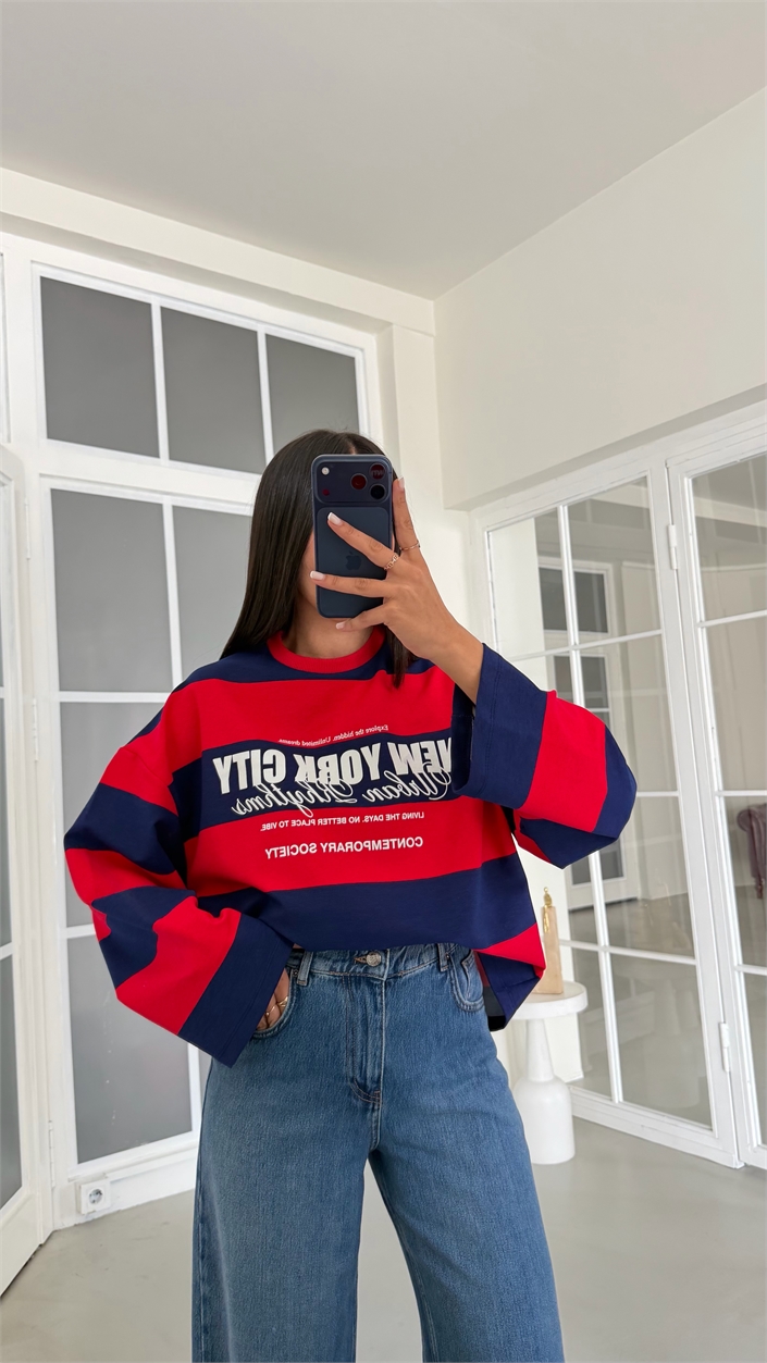 Lacivert Şeritlı Baskılı Sweatshirt GAUS-02121 GAUS-02198