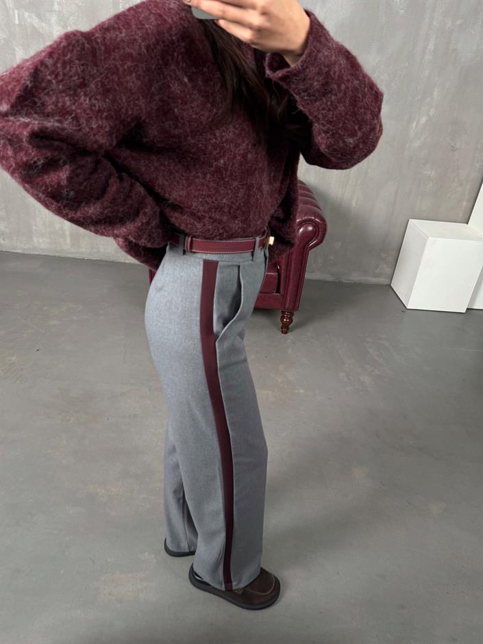 Rodni Gri Bordo Şeritli Yünlü Poliviskon Tasarım Pantolon